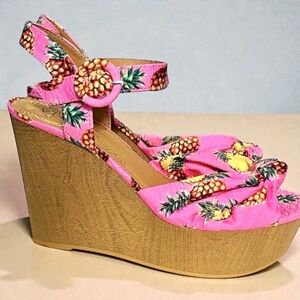 Venus Pink Tropical Pineapple Platform Wedge Sandal Retro Boho Resort Heels Sz 9